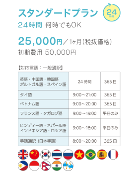 スタンダードプラン 24時間何時でもOK。ホテルや夜間営業のお店に 25,000円/1ヵ月(税抜価格) 初期費用 50,000円